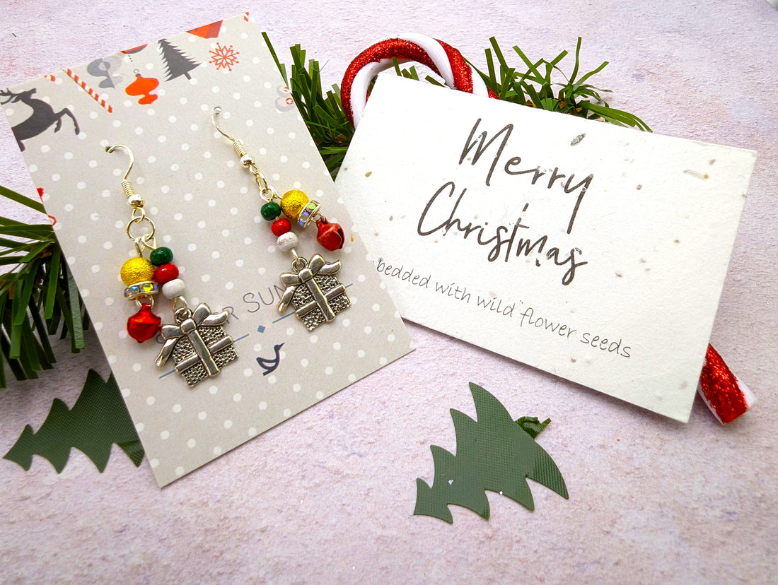 Gift Box Earrings - Silver Sunbird Christmas Earrings