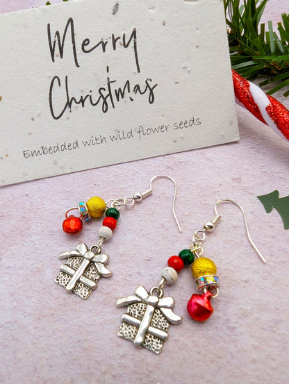 Gift Box Earrings - Silver Sunbird Christmas Earrings