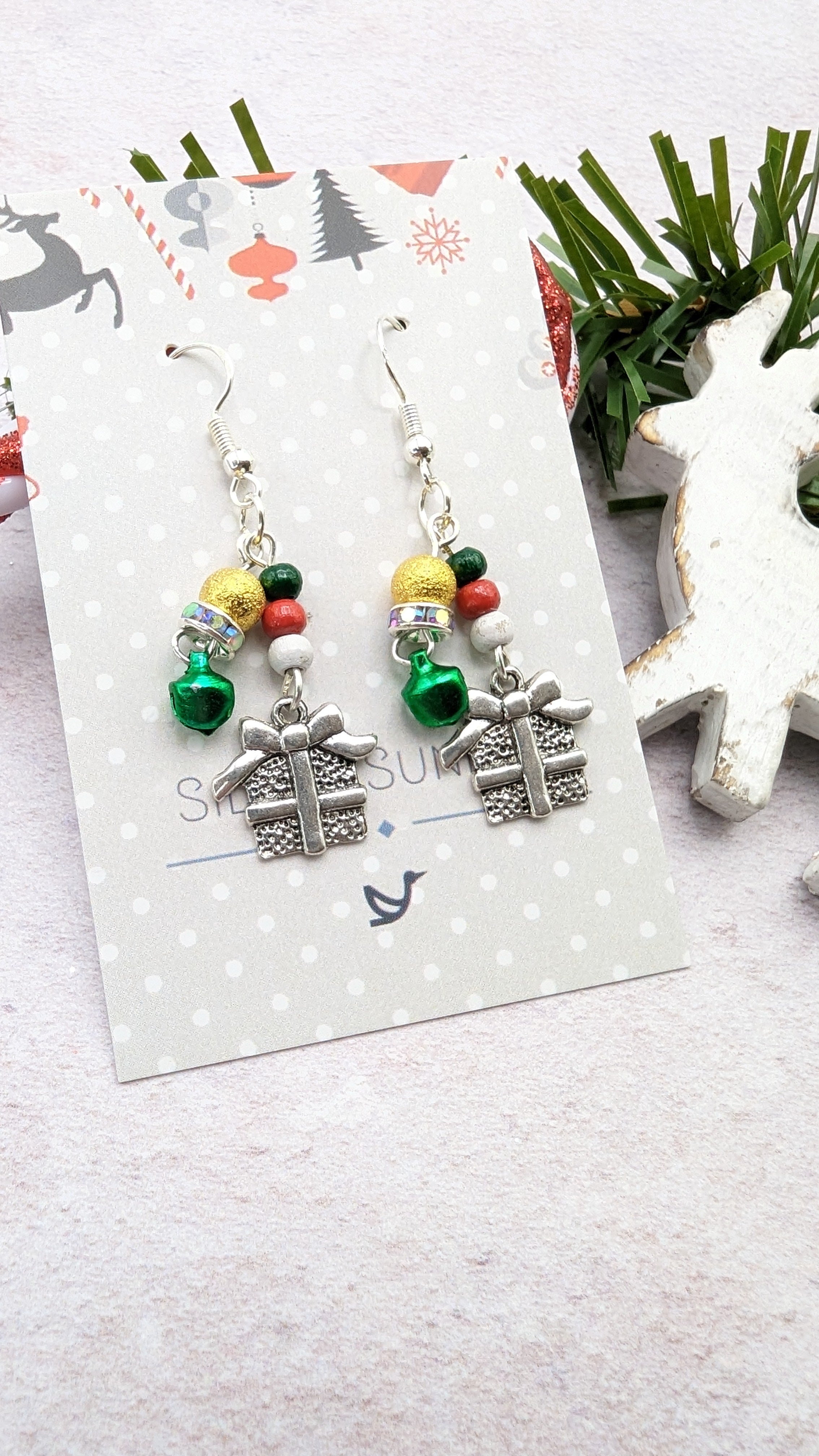 Gift Box Earrings - Silver Sunbird Christmas Earrings