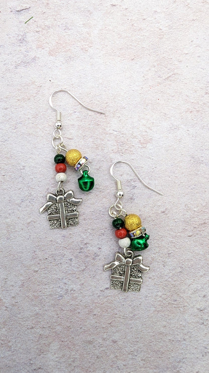 Gift Box Earrings - Silver Sunbird Christmas Earrings