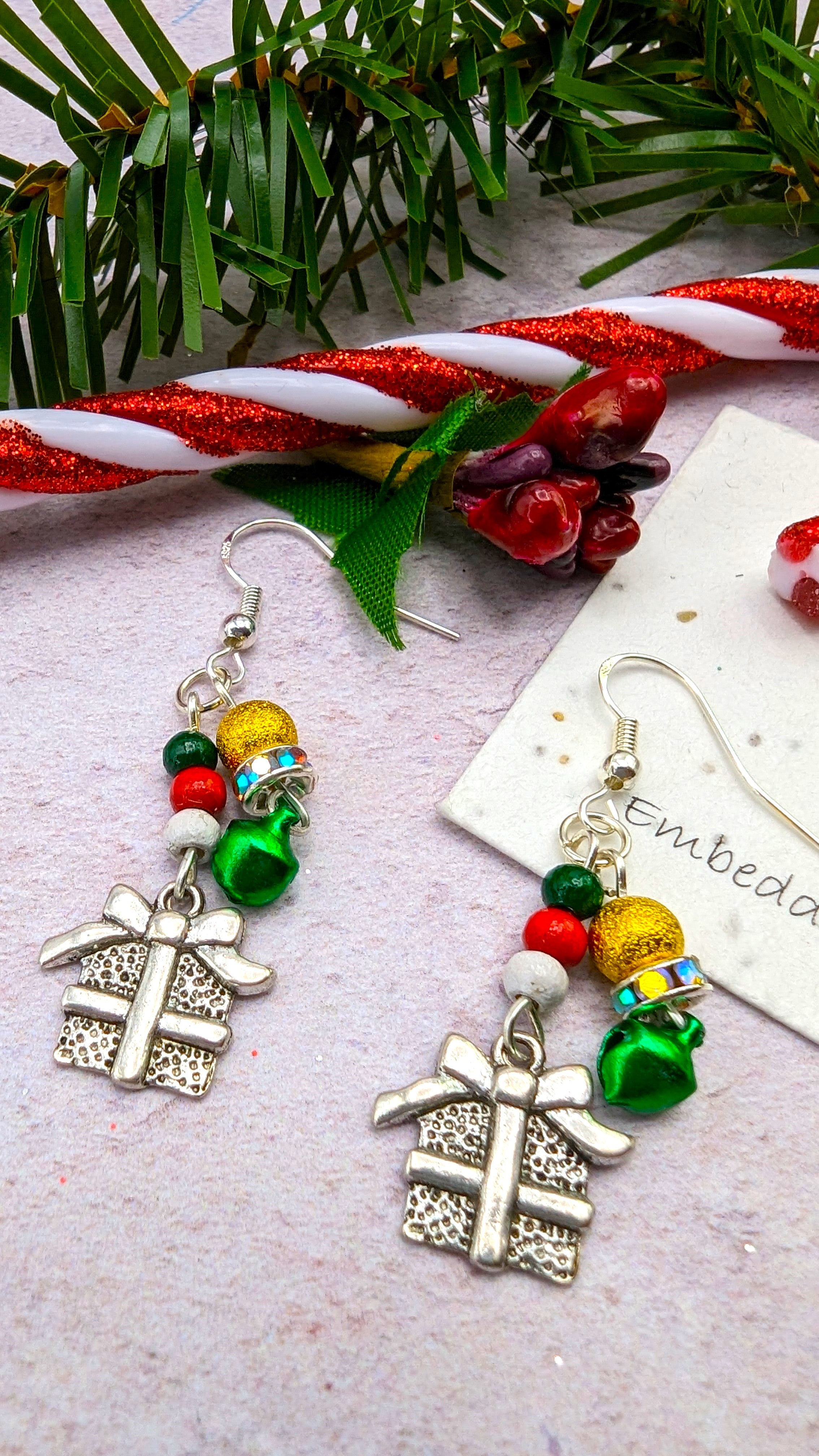 Gift Box Earrings - Silver Sunbird Christmas Earrings