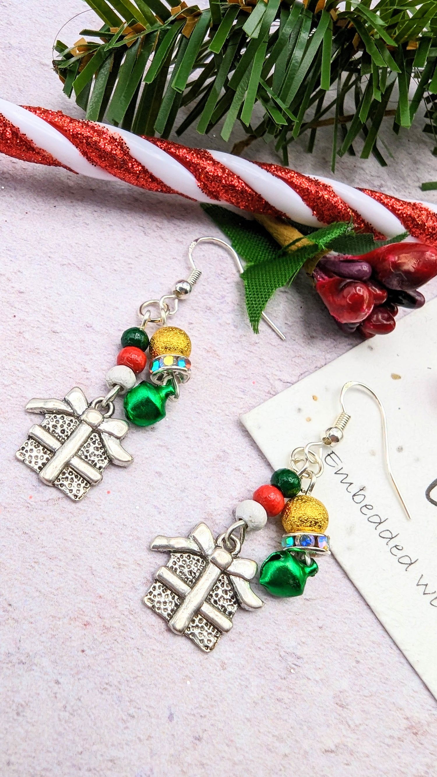 Gift Box Earrings - Silver Sunbird Christmas Earrings