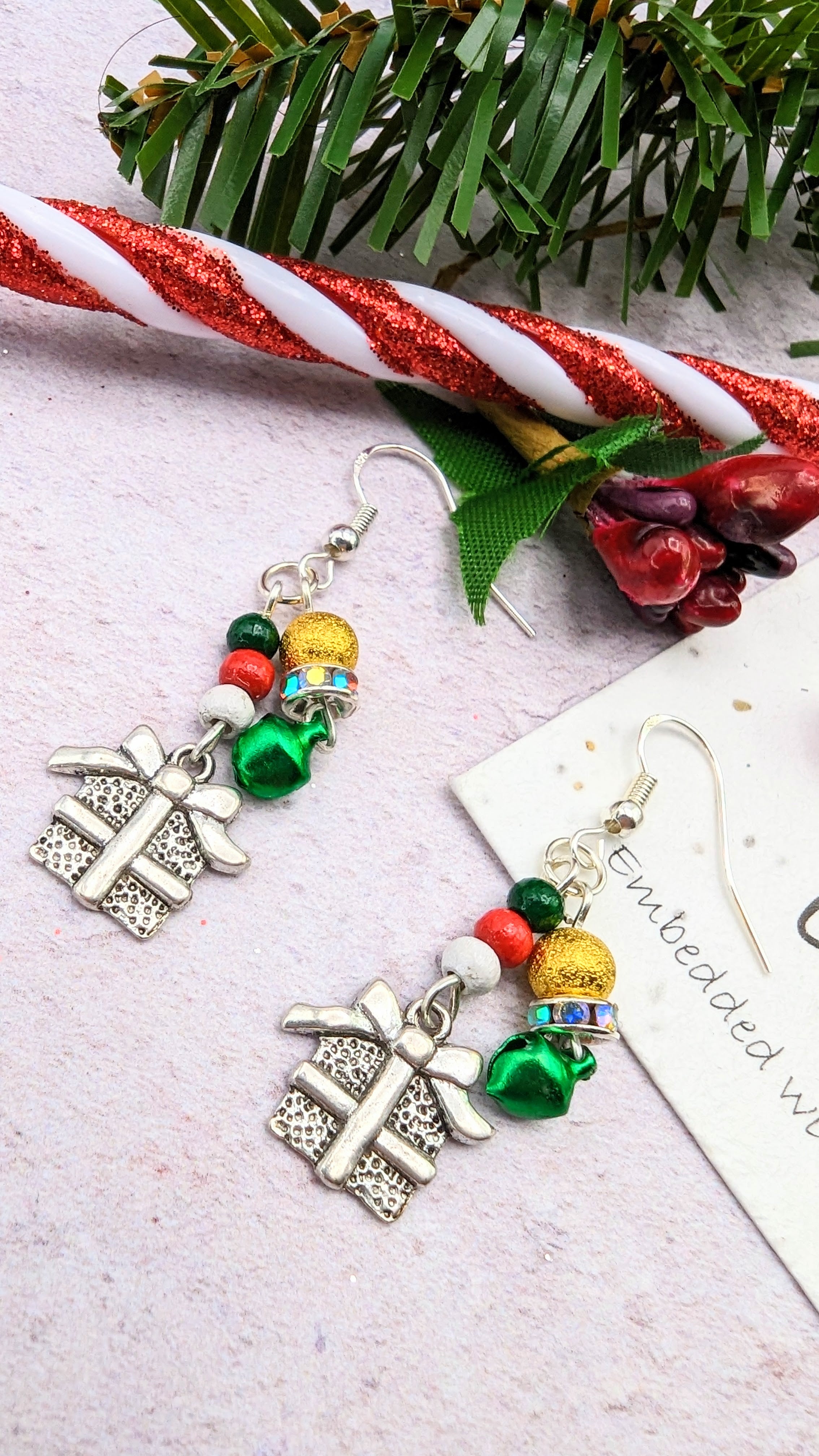 Gift Box Earrings - Silver Sunbird Christmas Earrings
