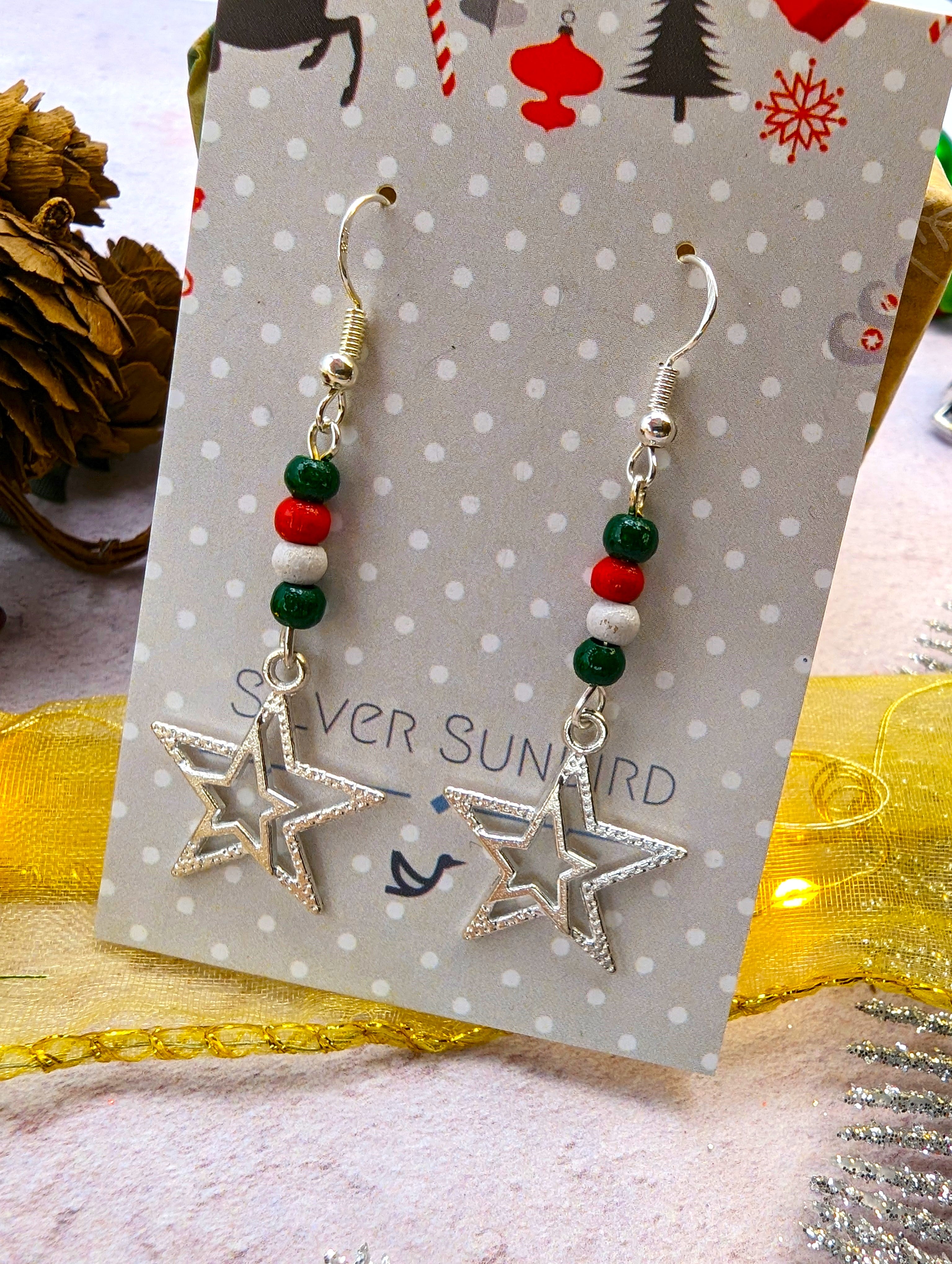 Christmas Double Star Earrings - Silver Sunbird Christmas Earrings