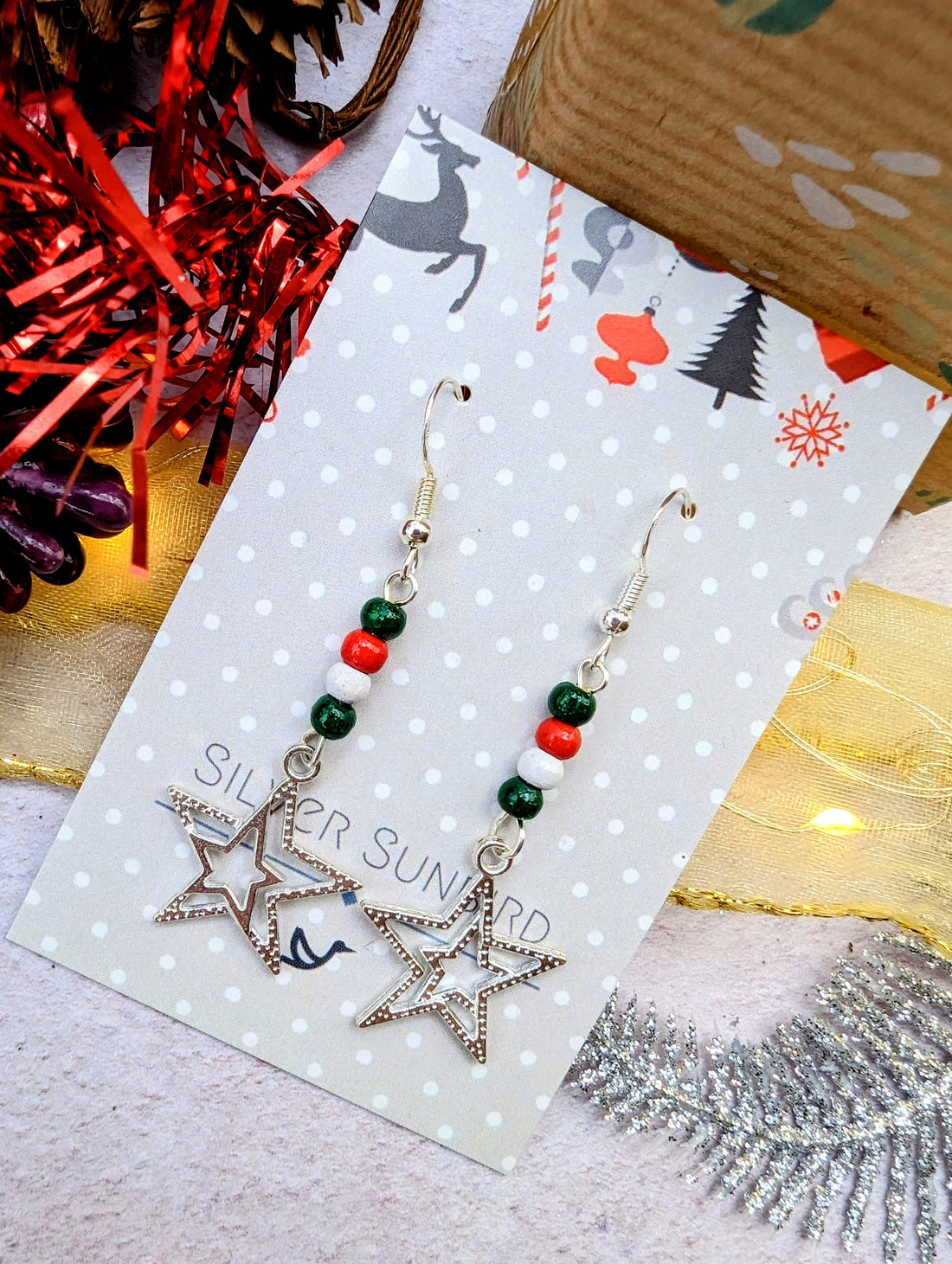 Christmas Double Star Earrings - Silver Sunbird Christmas Earrings