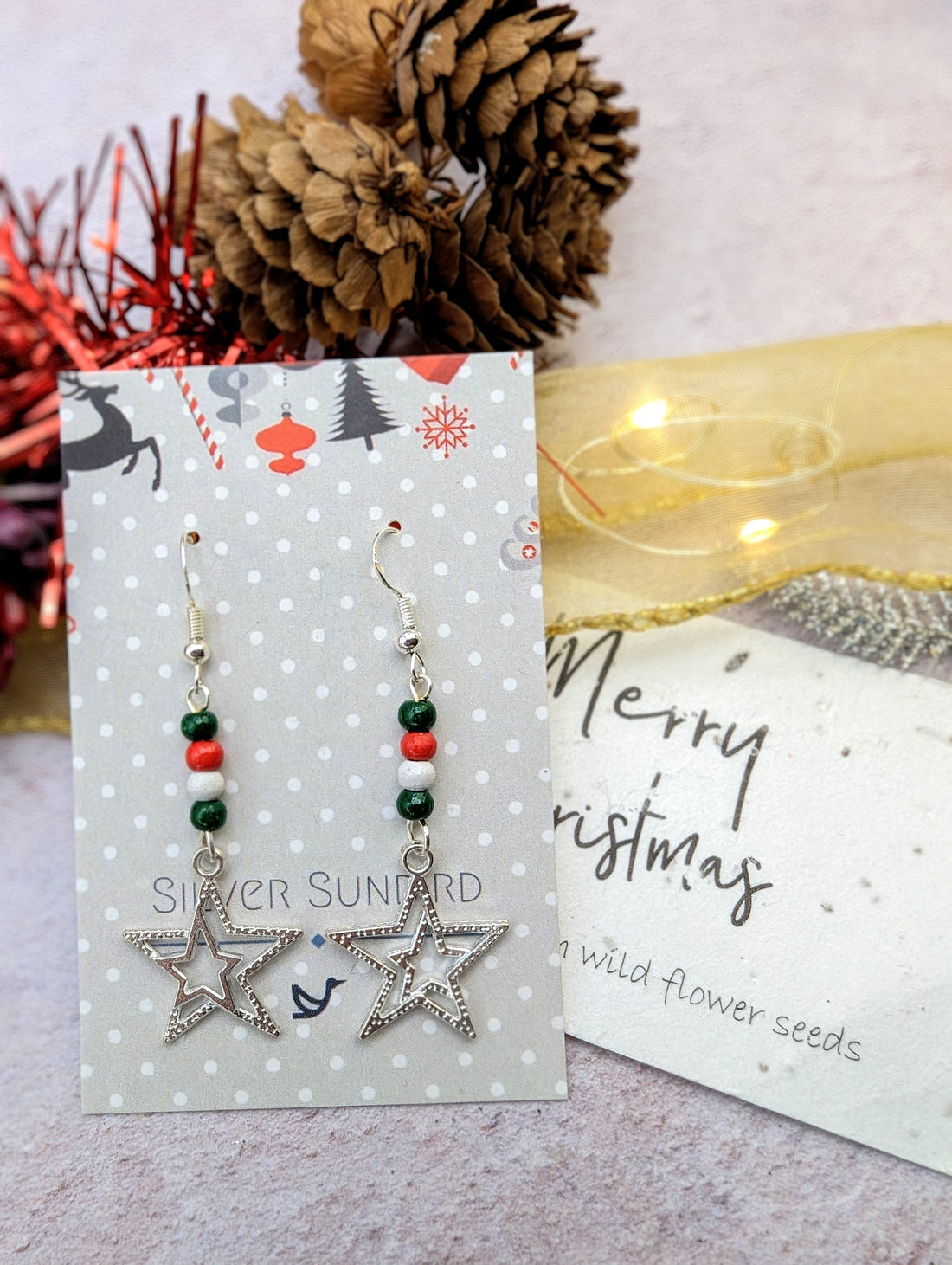 Christmas Double Star Earrings - Silver Sunbird Christmas Earrings