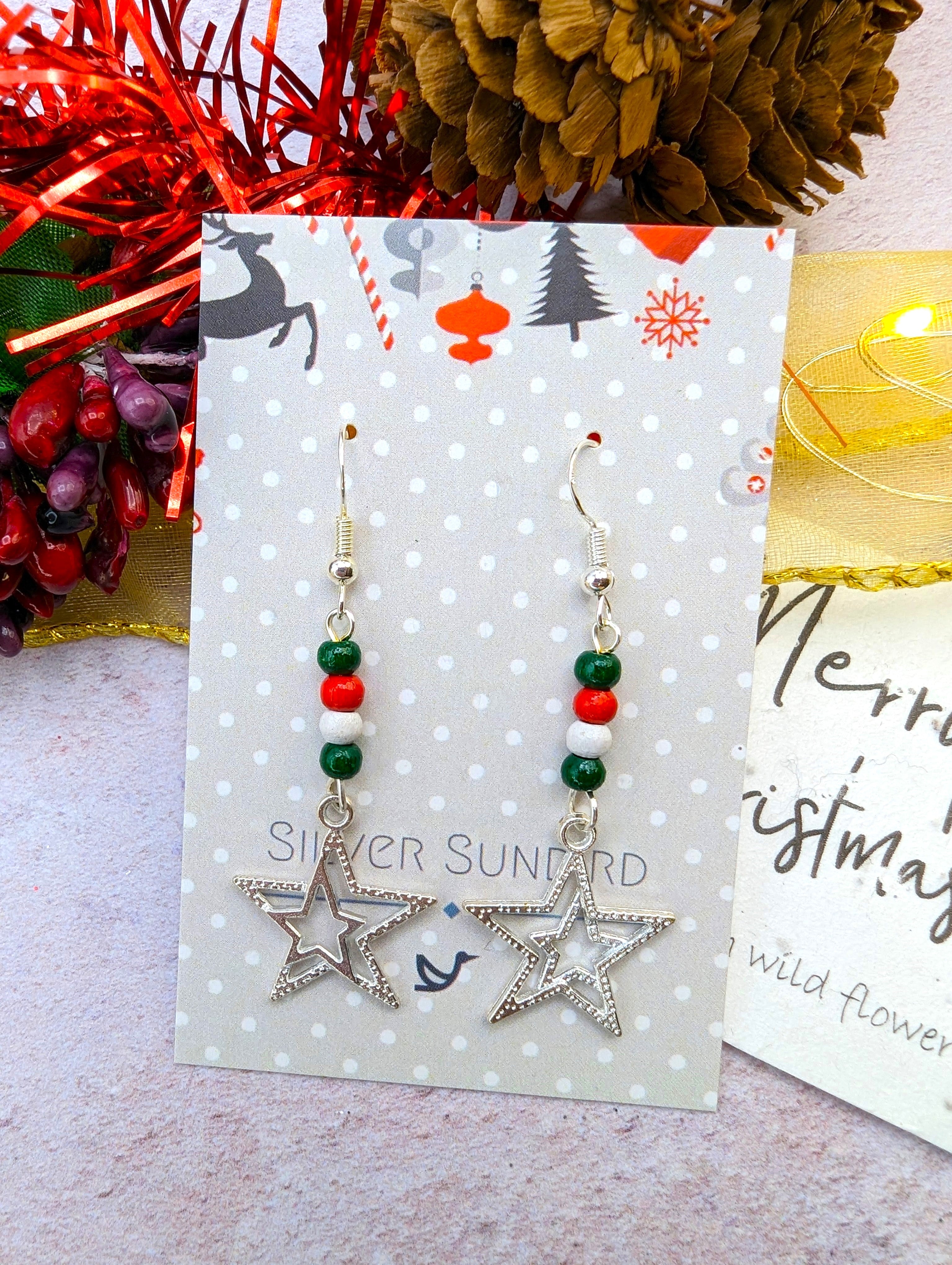 Christmas Double Star Earrings - Silver Sunbird Christmas Earrings