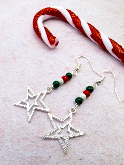 Christmas Double Star Earrings - Silver Sunbird Christmas Earrings