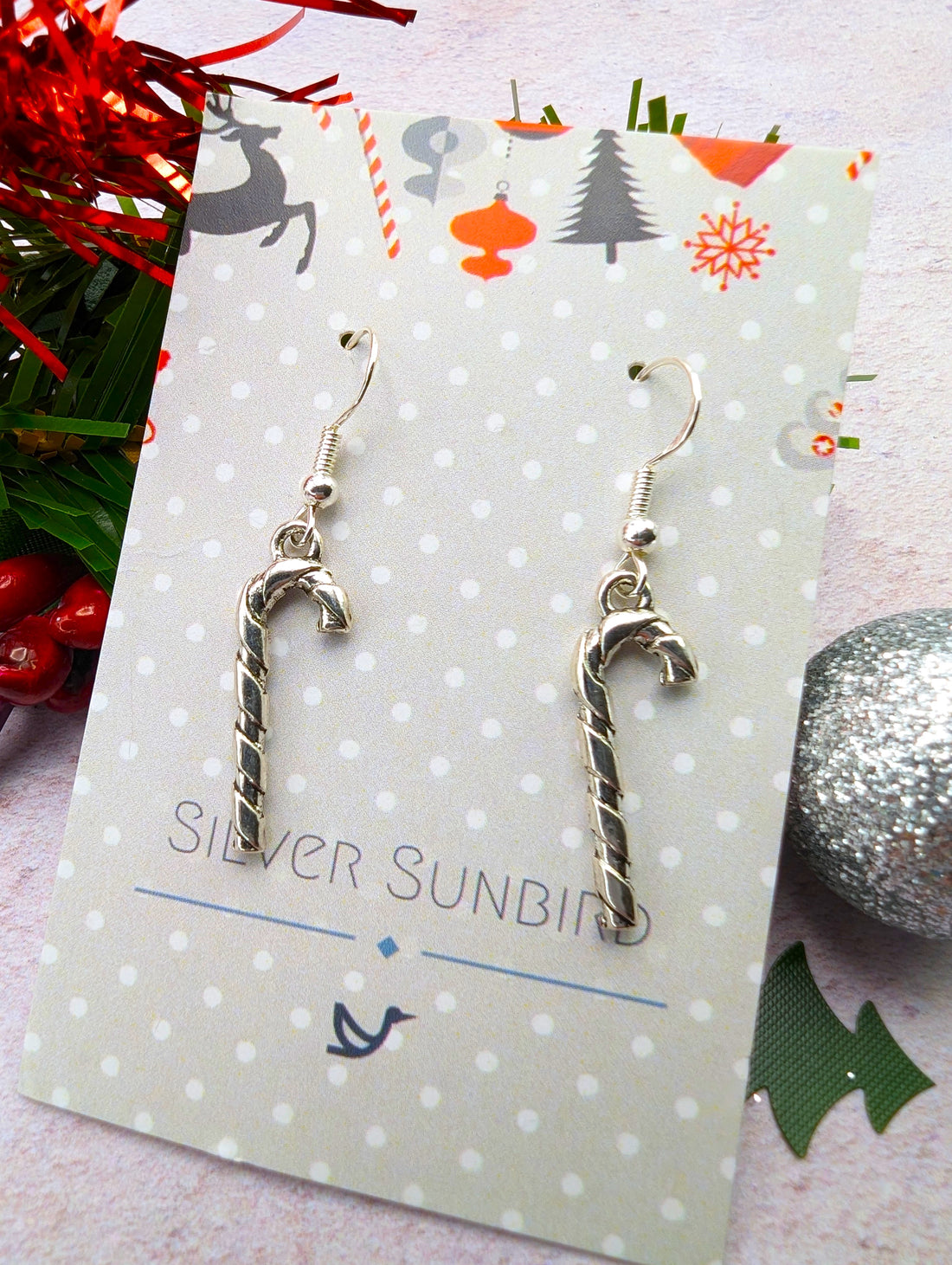 Classic Candy Cane Earrings - Silver Sunbird Christmas Earrings