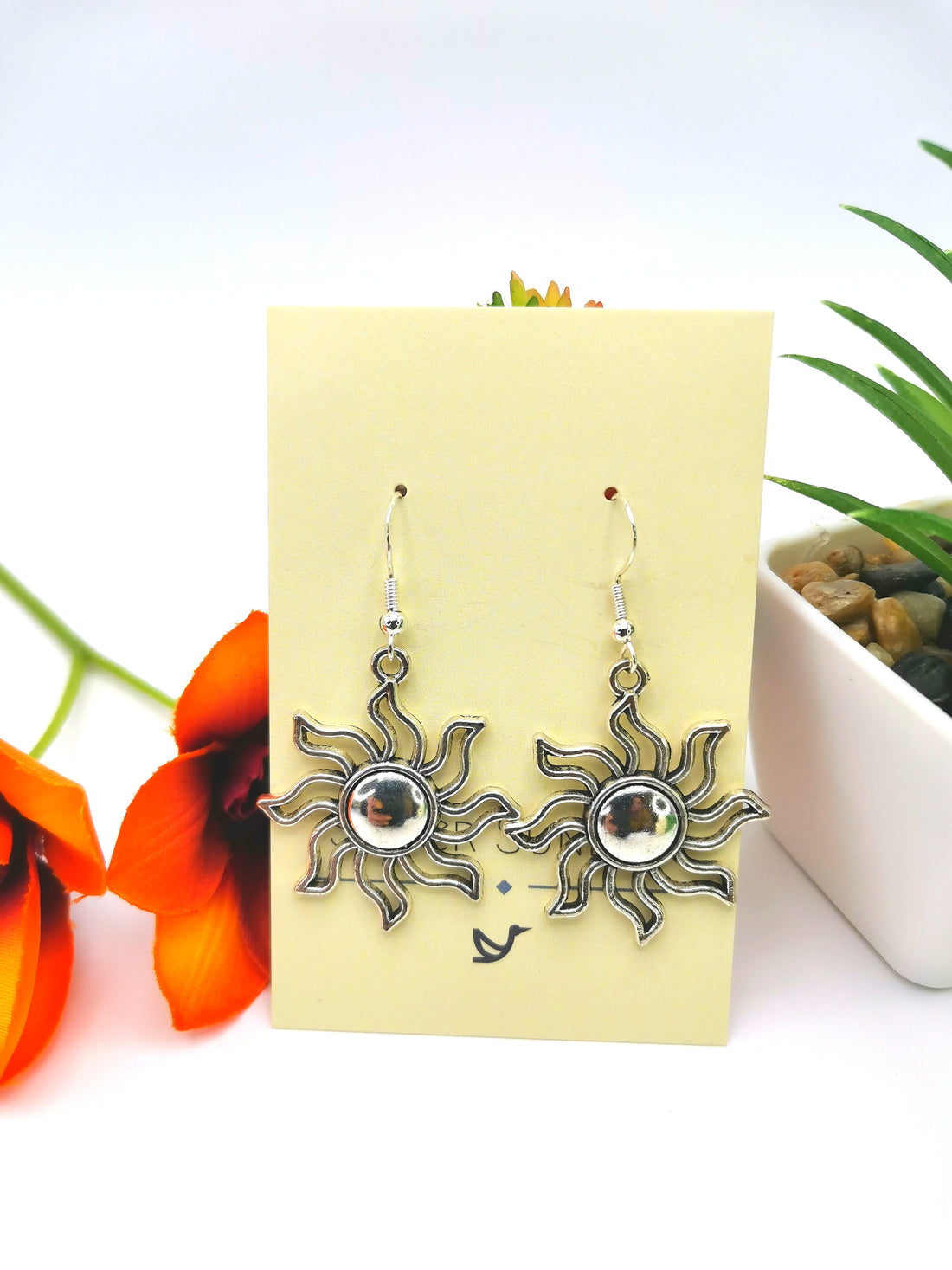Tibetan Striking Sun Earrings - Silver Sunbird Bohemian Earrings