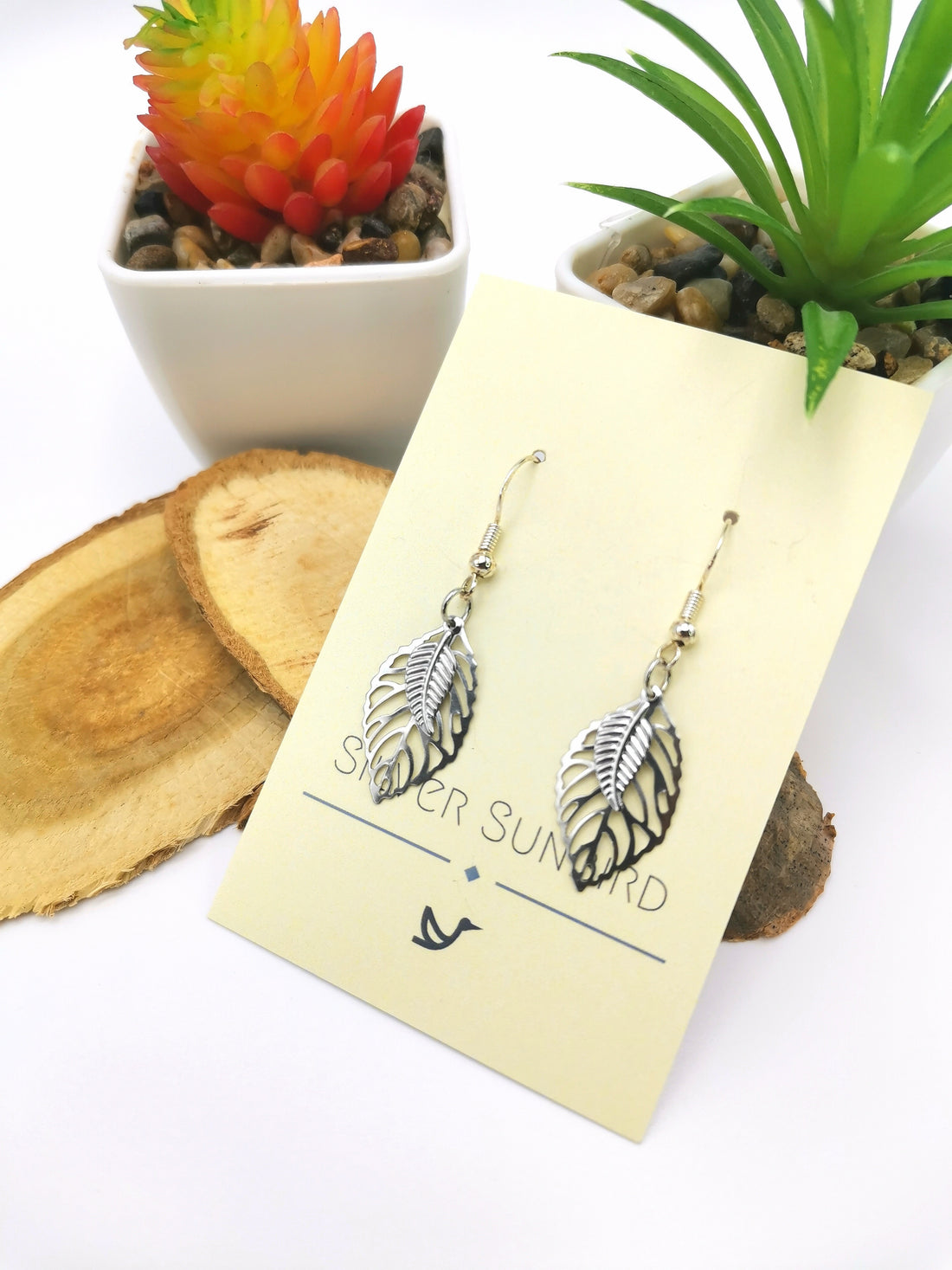 Two Leafy Earrings - Silver Sunbird Bohemian Earrings