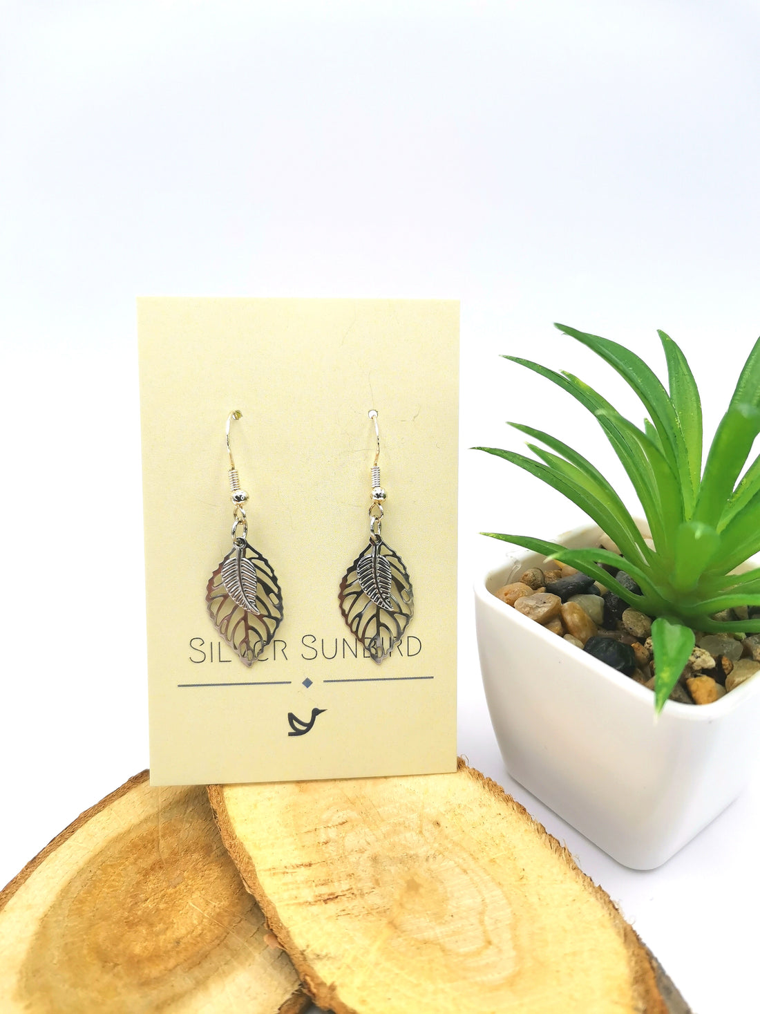 Two Leafy Earrings - Silver Sunbird Bohemian Earrings